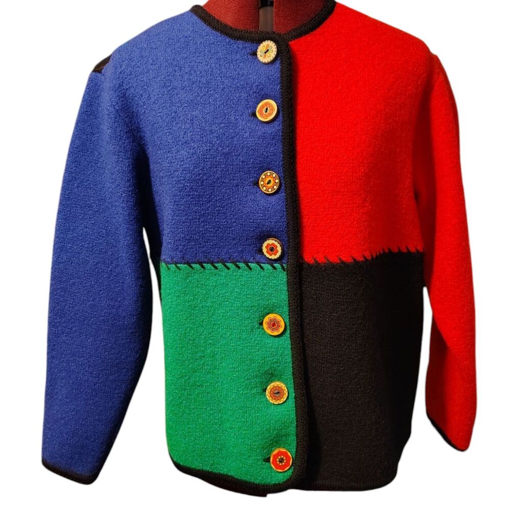 Carol Reed Vintage 100% Wool Colorful Block Sweater Jacket Long Sleeve Size M..